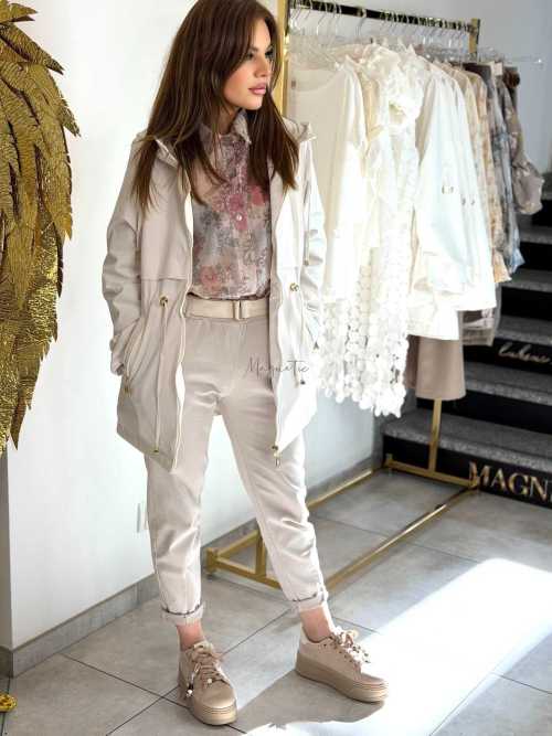 NB280 Kurtka Parka Płaszcz Wiosenny z Kapturem Beżowa