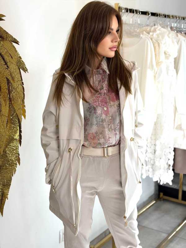 NB280 Kurtka Parka Płaszcz Wiosenny z Kapturem Beżowa