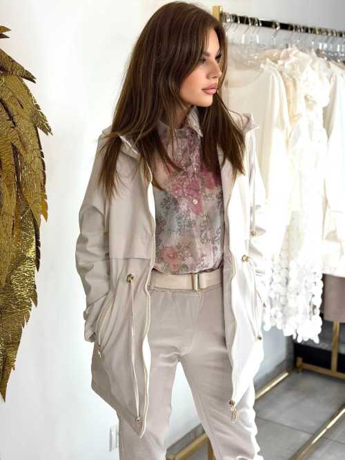 NB280 Kurtka Parka Płaszcz Wiosenny z Kapturem Beżowa