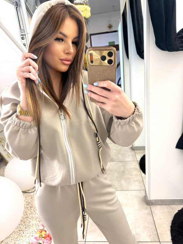 NB203 Komplet Dresowy Damski Masełkowy Bluza na Zamek Beżowy