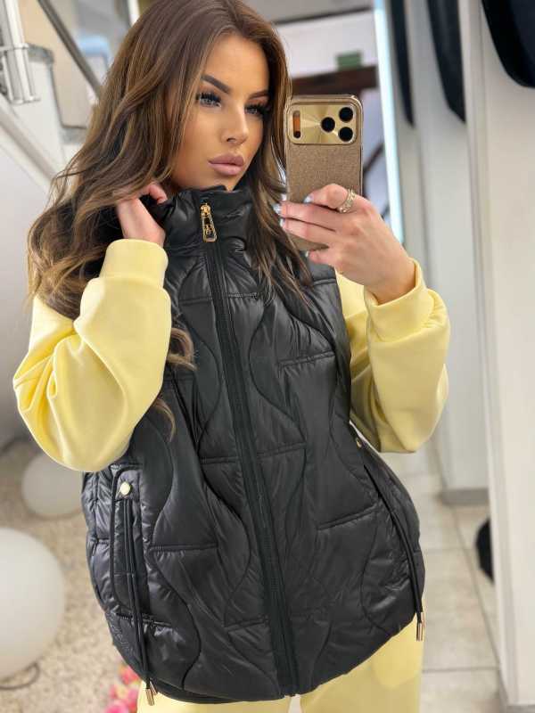 NB278 Kamizelka Pikowana Czarna Złote Dodatki