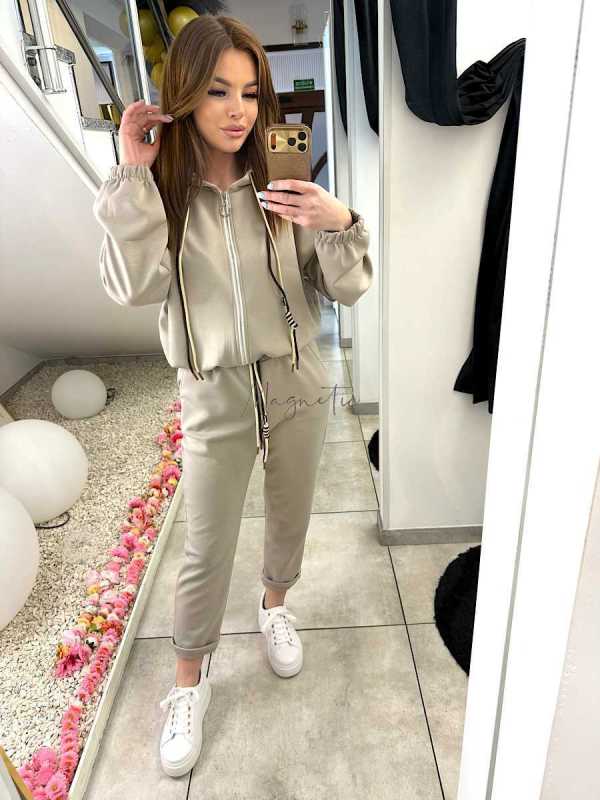 NB203 Komplet Dresowy Damski Masełkowy Bluza na Zamek Beżowy