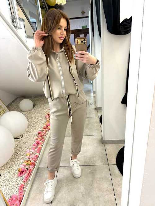 NB203 Komplet Dresowy Damski Masełkowy Bluza na Zamek Beżowy