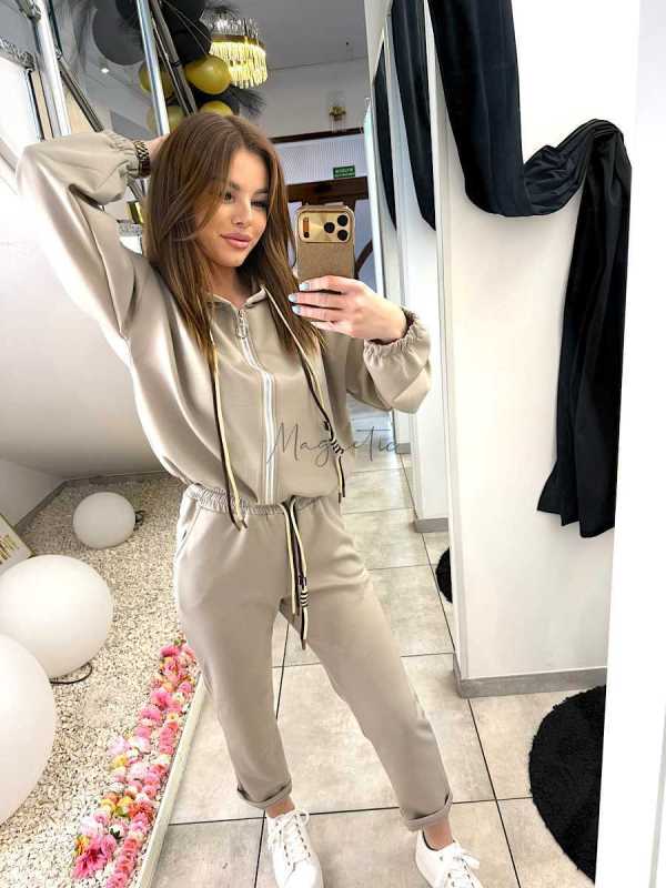 NB203 Komplet Dresowy Damski Masełkowy Bluza na Zamek Beżowy