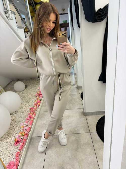NB203 Komplet Dresowy Damski Masełkowy Bluza na Zamek Beżowy
