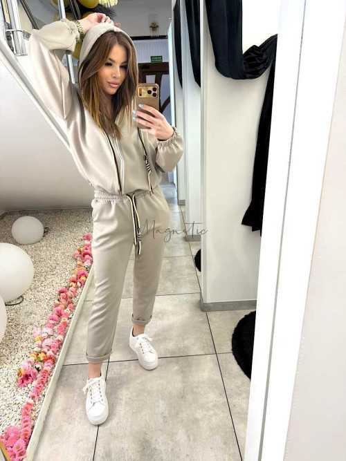 NB203 Komplet Dresowy Damski Masełkowy Bluza na Zamek Beżowy