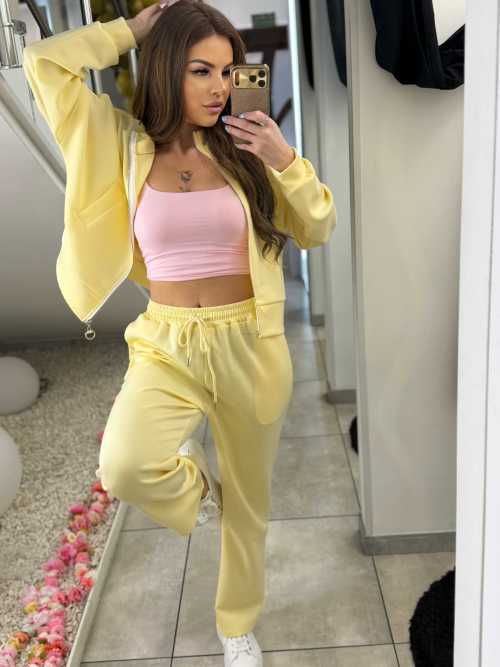 NB275 Komplet Dresowy Damski Masełkowy Bluza na Zamek Żółty