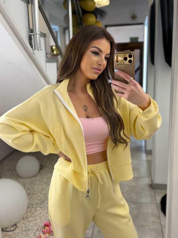 NB275 Komplet Dresowy Damski Masełkowy Bluza na Zamek Żółty
