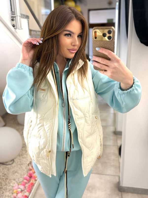 NB278 Kamizelka Pikowana Biała Złote Dodatki