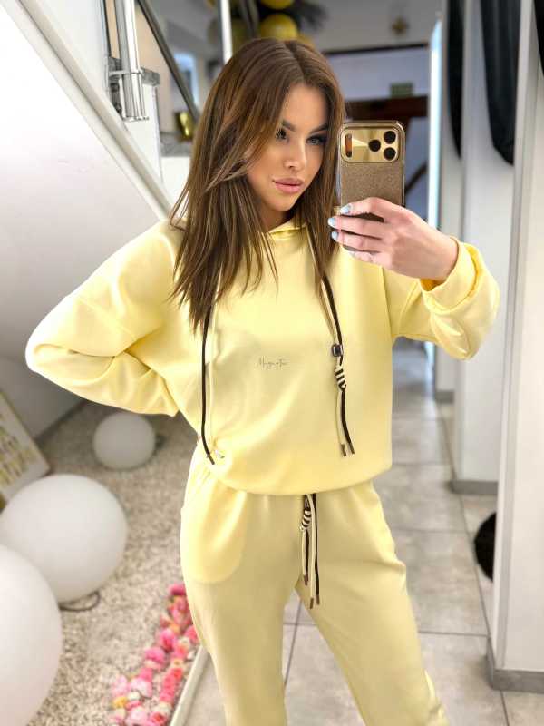 NB274 Komplet Dresowy Damski Masełkowy Bluza Z Kapturem Zółty