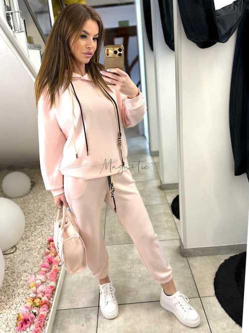 NB274 Komplet Dresowy Damski Masełkowy Bluza Z Kapturem Pudrowy Róż