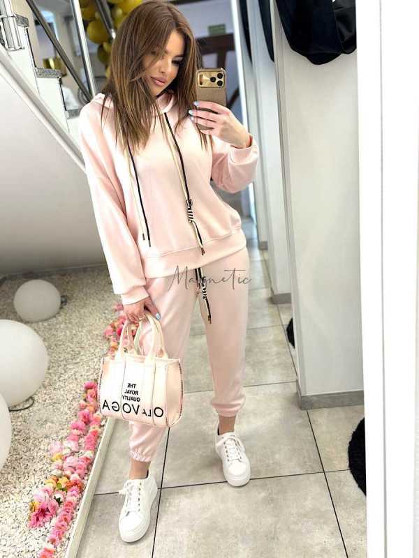 NB274 Komplet Dresowy Damski Masełkowy Bluza Z Kapturem Pudrowy Róż