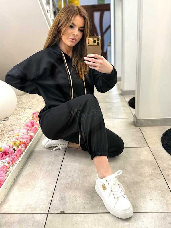 NB274 Komplet Dresowy Damski Masełkowy Bluza Z Kapturem Czarny