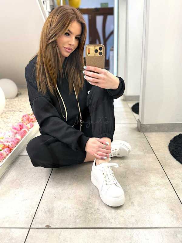 NB274 Komplet Dresowy Damski Masełkowy Bluza Z Kapturem Czarny