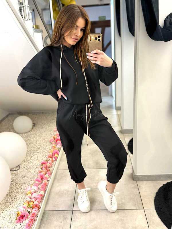 NB274 Komplet Dresowy Damski Masełkowy Bluza Z Kapturem Czarny