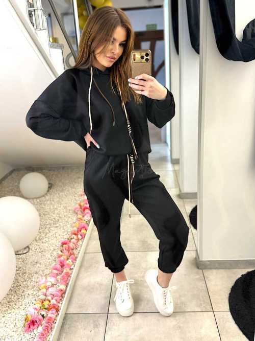 NB274 Komplet Dresowy Damski Masełkowy Bluza Z Kapturem Czarny