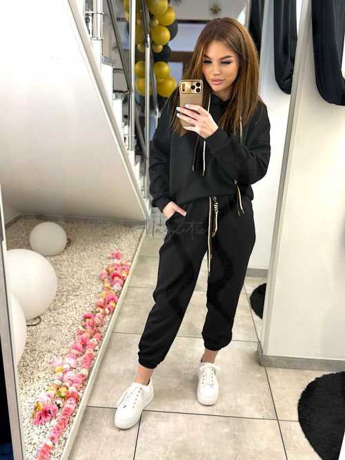 NB274 Komplet Dresowy Damski Masełkowy Bluza Z Kapturem Czarny