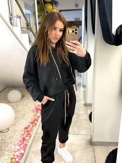 NB274 Komplet Dresowy Damski Masełkowy Bluza Z Kapturem Czarny