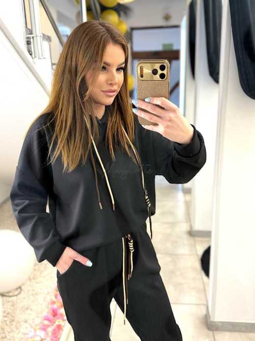 NB274 Komplet Dresowy Damski Masełkowy Bluza Z Kapturem Czarny