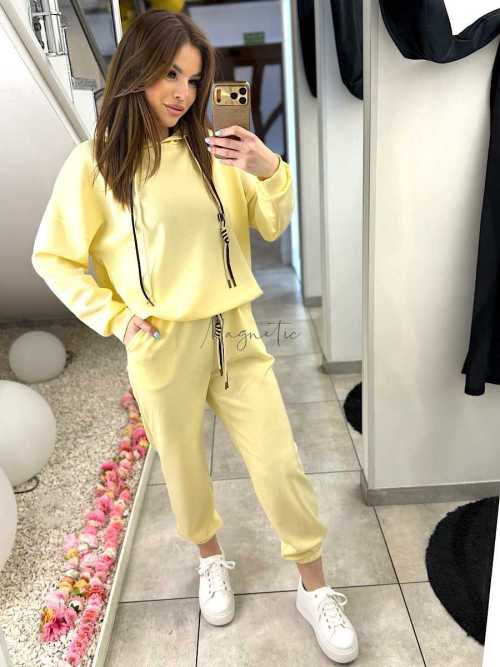 NB274 Komplet Dresowy Damski Masełkowy Bluza Z Kapturem Zółty