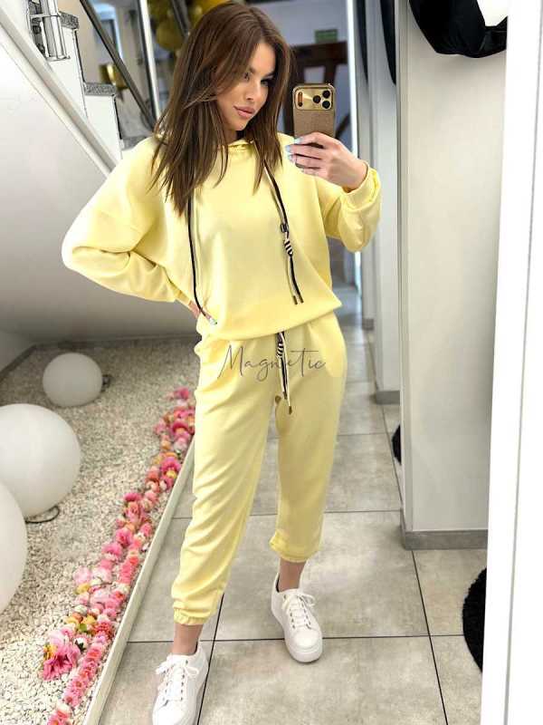 NB274 Komplet Dresowy Damski Masełkowy Bluza Z Kapturem Zółty