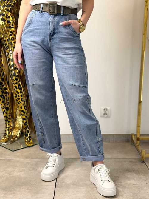 NB272 Spodnie Jeansy Damskie Baloon Cienkie Przeszycia i Paskiem