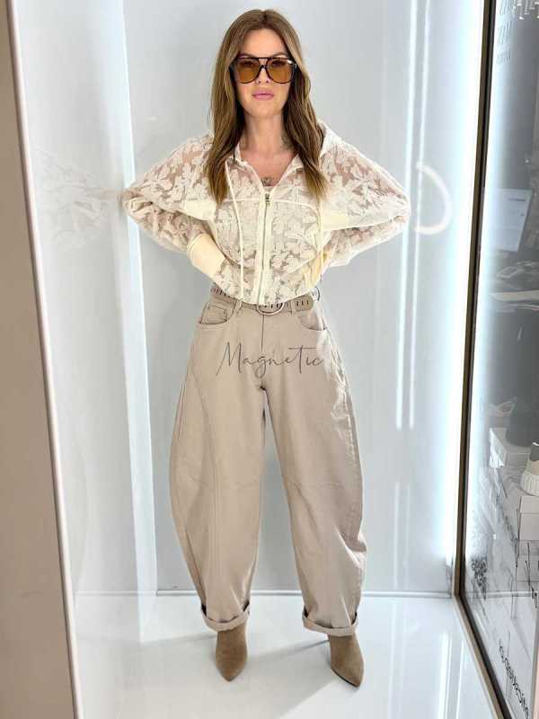 NB269 Spodnie Jeansy Damskie M.SARA Balloon Fit Beżowe + Pasek