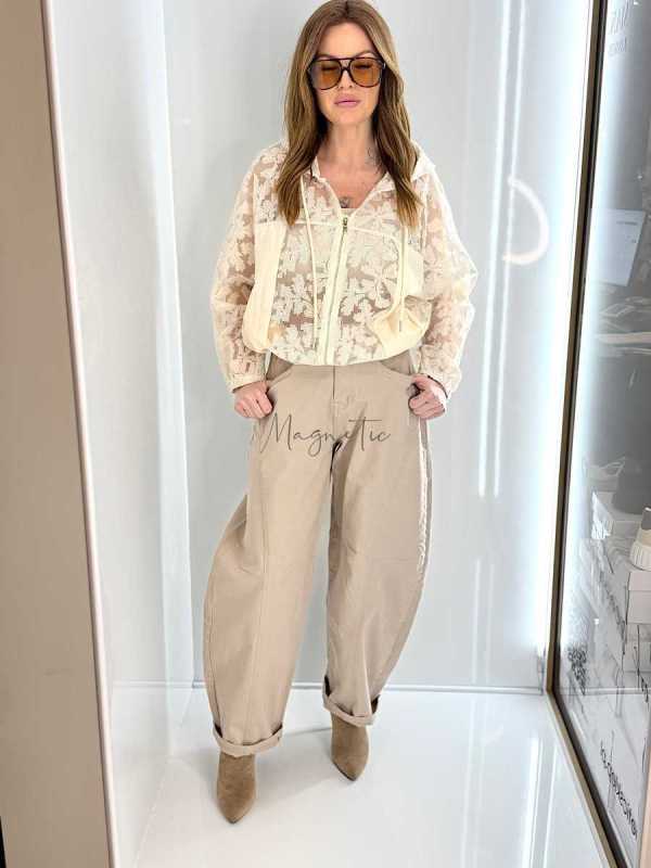 NB269 Spodnie Jeansy Damskie M.SARA Balloon Fit Beżowe + Pasek