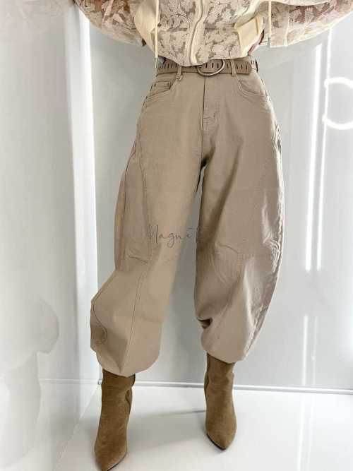 NB269 Spodnie Jeansy Damskie M.SARA Balloon Fit Beżowe + Pasek