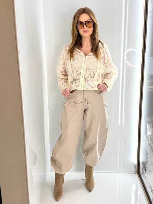 NB269 Spodnie Jeansy Damskie M.SARA Balloon Fit Beżowe + Pasek