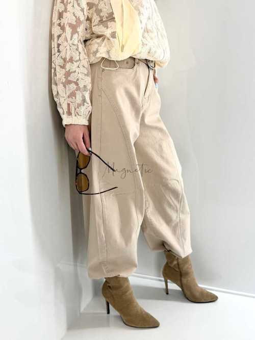 NB269 Spodnie Jeansy Damskie M.SARA Balloon Fit Beżowe + Pasek