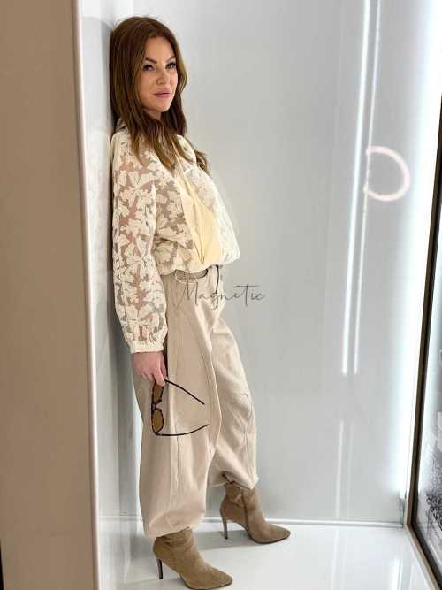 NB269 Spodnie Jeansy Damskie M.SARA Balloon Fit Beżowe + Pasek