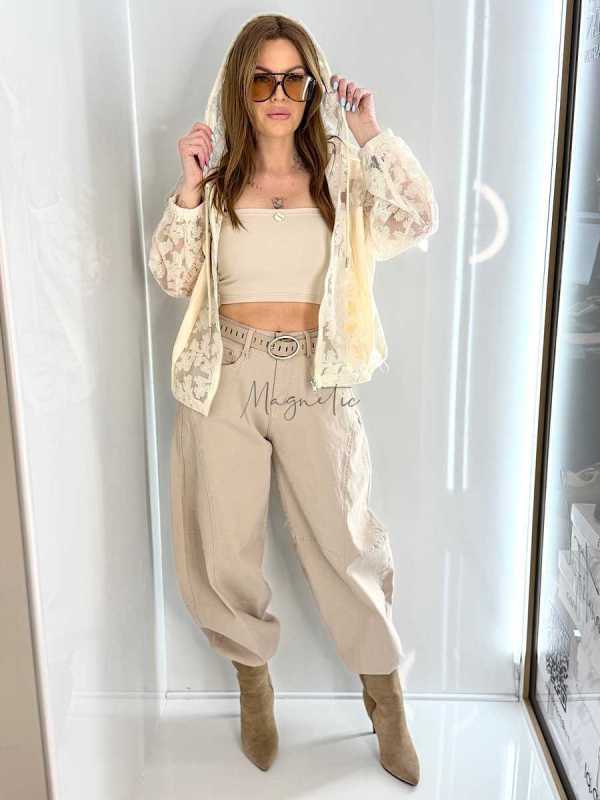 NB269 Spodnie Jeansy Damskie M.SARA Balloon Fit Beżowe + Pasek