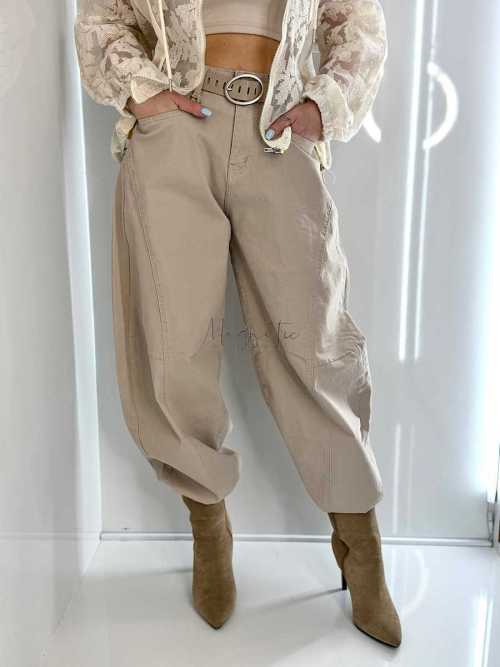 NB269 Spodnie Jeansy Damskie M.SARA Balloon Fit Beżowe + Pasek