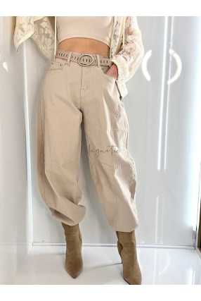 NB269 Spodnie Jeansy Damskie M.SARA Balloon Fit Beżowe + Pasek