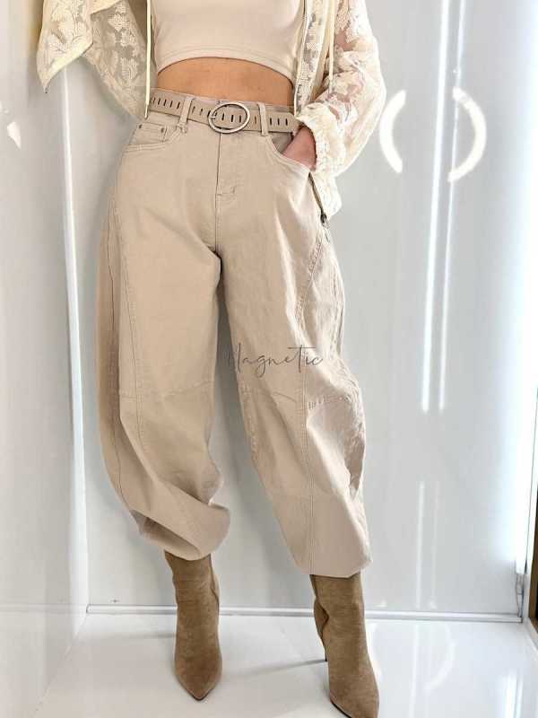 NB269 Spodnie Jeansy Damskie M.SARA Balloon Fit Beżowe + Pasek