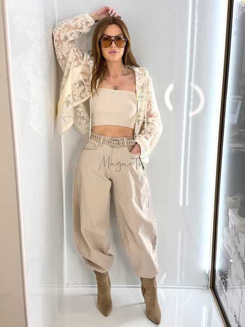 NB269 Spodnie Jeansy Damskie M.SARA Balloon Fit Beżowe + Pasek