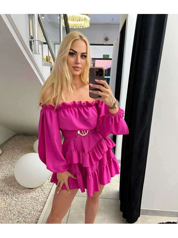 MR324 Sukienka Hiszpanka Pęknięty Rękaw Fuksja