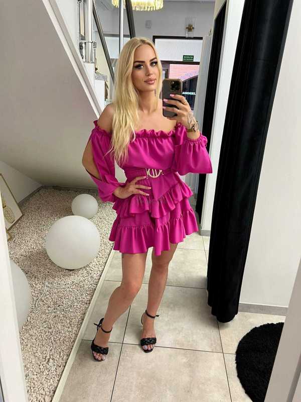 MR324 Sukienka Hiszpanka Pęknięty Rękaw Fuksja