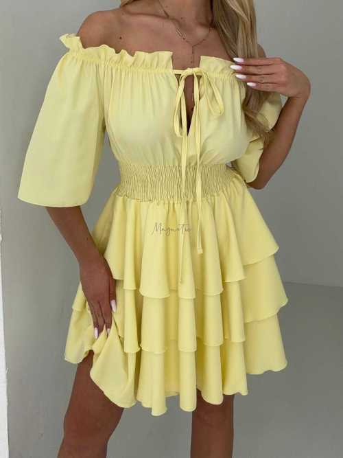 MR323 Sukienka Hiszpanka Krótki Rękaw Lila Żółta