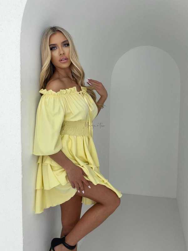 MR323 Sukienka Hiszpanka Krótki Rękaw Lila Żółta