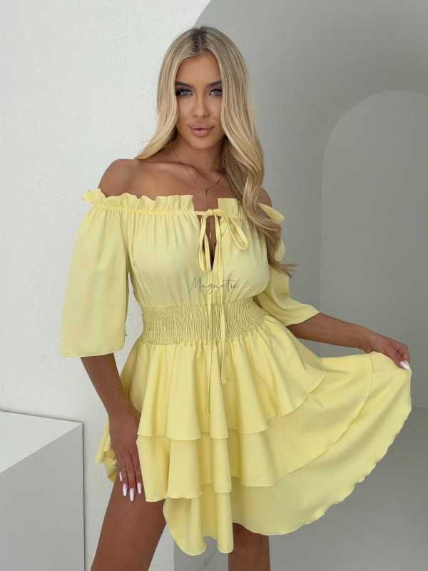 MR323 Sukienka Hiszpanka Krótki Rękaw Lila Żółta