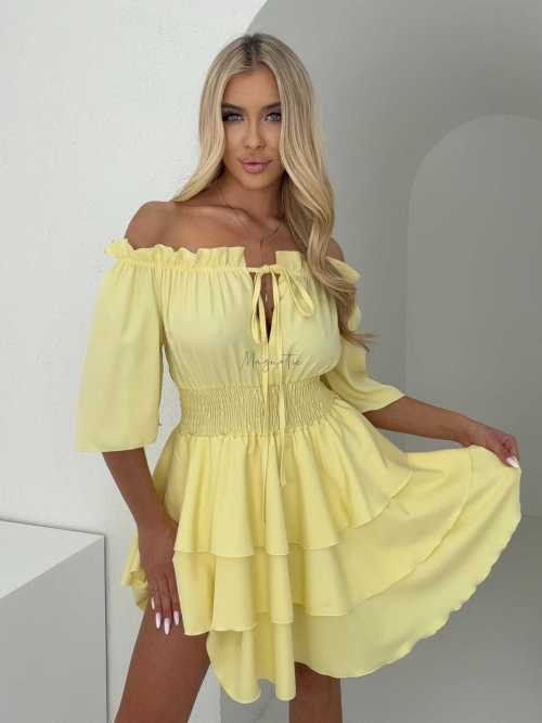MR323 Sukienka Hiszpanka Krótki Rękaw Lila Żółta