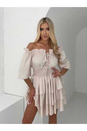 MR323 Sukienka Hiszpanka Krótki Rękaw Lila Beżowa