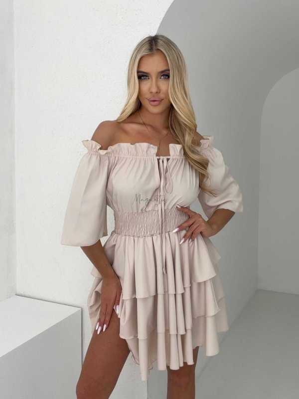 MR323 Sukienka Hiszpanka Krótki Rękaw Lila Beżowa