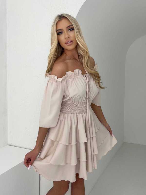 MR323 Sukienka Hiszpanka Krótki Rękaw Lila Beżowa