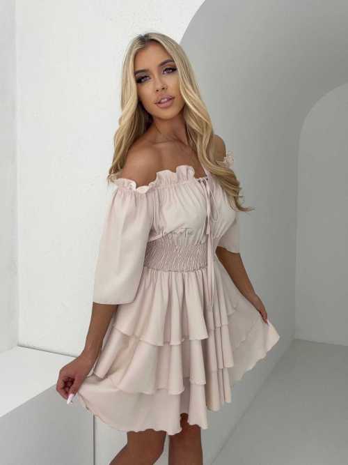 MR323 Sukienka Hiszpanka Krótki Rękaw Lila Beżowa