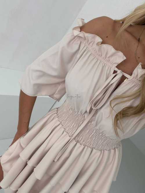 MR323 Sukienka Hiszpanka Krótki Rękaw Lila Beżowa