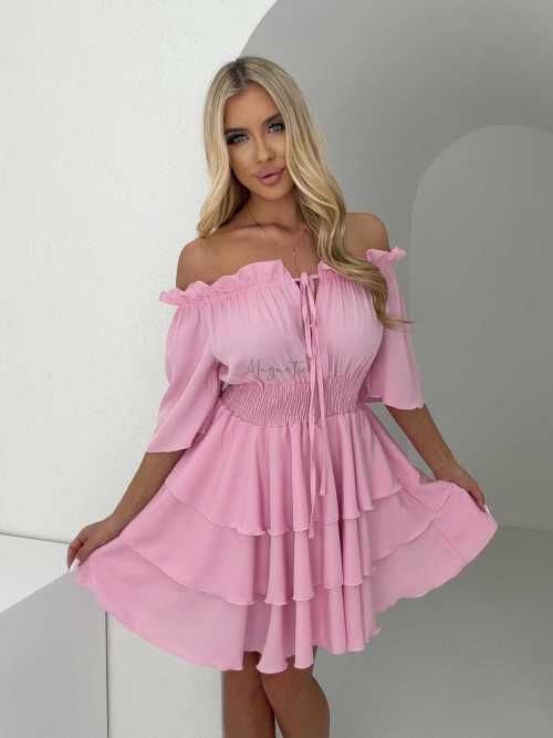 MR323 Sukienka Hiszpanka Krótki Rękaw Lila Różowa