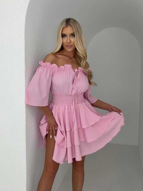 MR323 Sukienka Hiszpanka Krótki Rękaw Lila Różowa